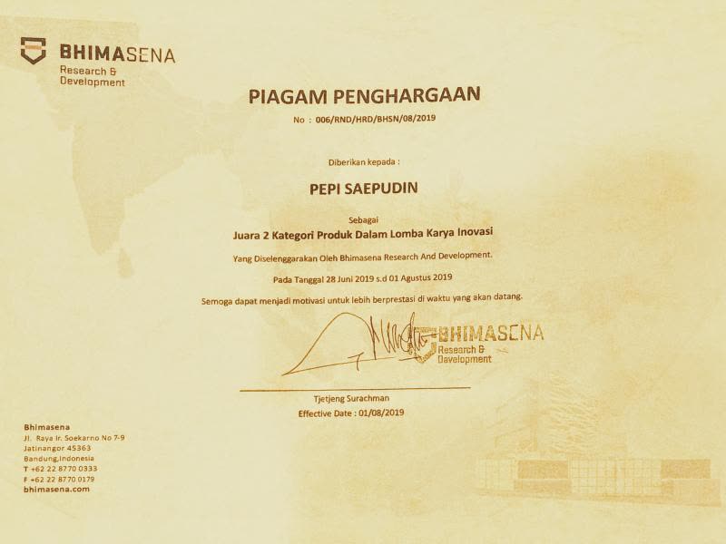 Piagam Industrial Design Innovation Award BHIMASENA