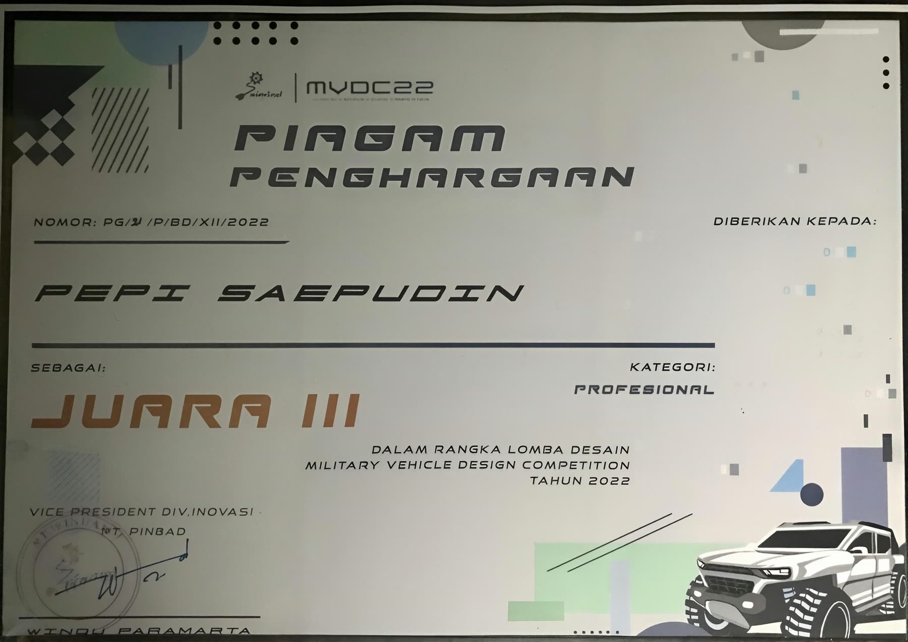 Piagam Juara III MVDC 2022 PT Pindad