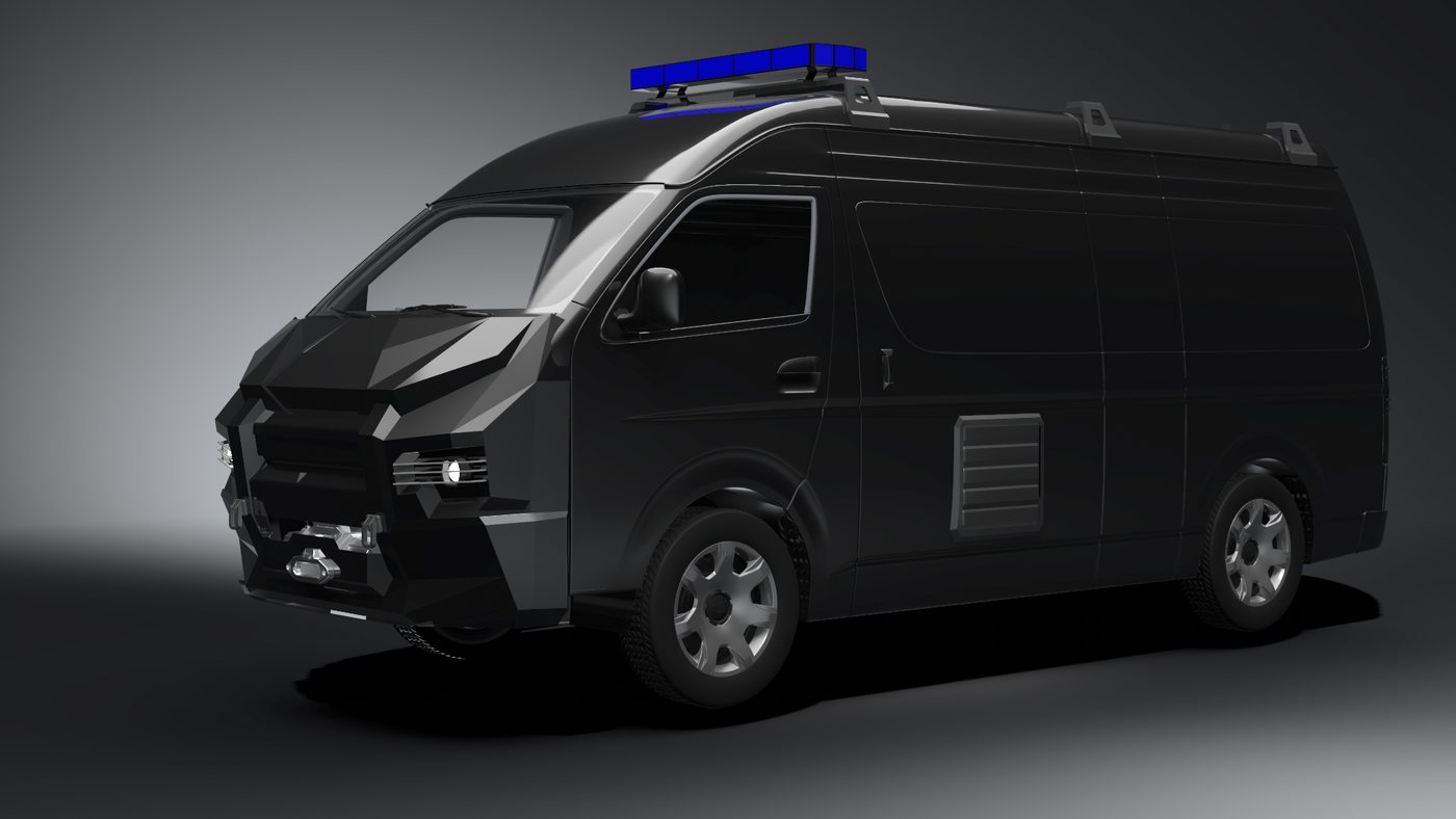 Render EOD Hiace dengan aksesori — tampak depan 3/4